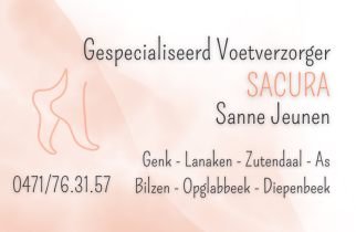 Voetzorg SaCura Sanne Jeunen zelfstandig thuisverpleegkundige gespecialiseerd voetverzorger pedicure aan huis medisch pedicure Limburg regio Lanaken Genk Zutendaal Bilzen As Opglabbeek thuiszorg aan huis voetzorg pedicure aan huis eksterogen eelt mycose nagelcorrectie ingegroeide nagels schimmelnagels kalknagels nagelregulatie wrat wratten frezen nagelbeugel nagels knippen voetorthese orthese nagelbeugel
